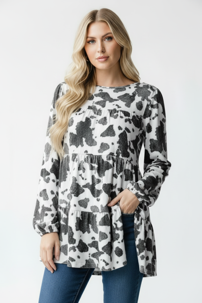 PLUS-ANIMAL PRINT PUFF SLEEVE BABYDOLL TOP HMET7326