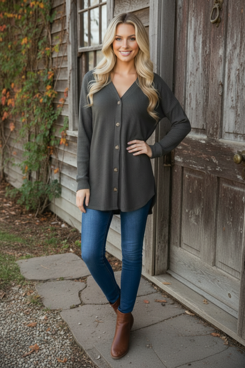 WAFFLE KNIT BUTTON DOWN CARDIGAN HMEJ6729