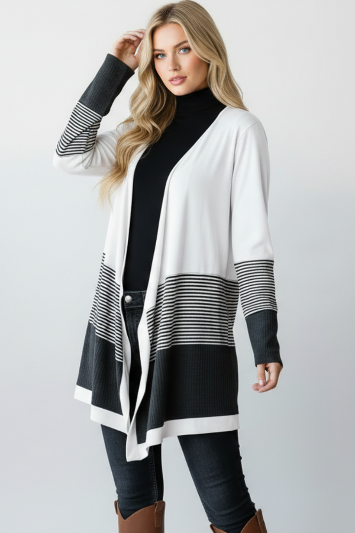 PLUS SIZE WAFFLE AND STRIPE PRINT CONTRAST CARDIGAN HMEJ6714