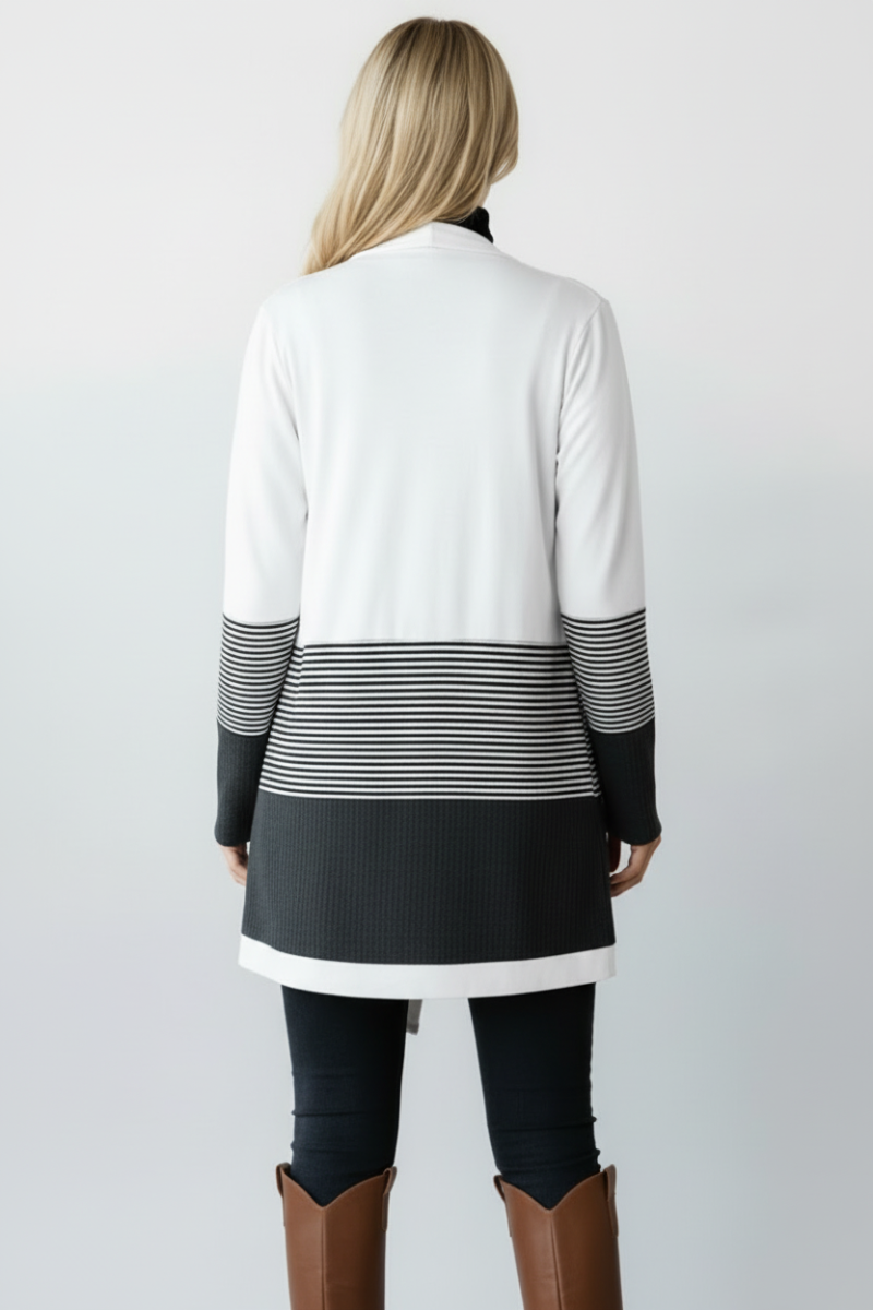 PLUS SIZE WAFFLE AND STRIPE PRINT CONTRAST CARDIGAN HMEJ6714