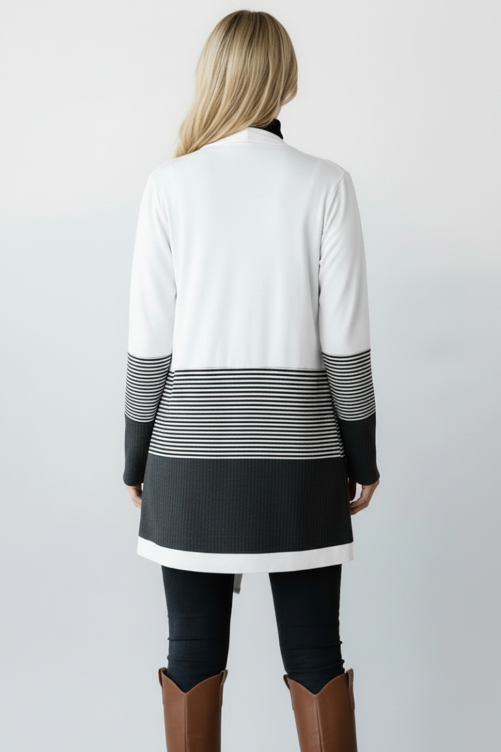 PLUS SIZE WAFFLE AND STRIPE PRINT CONTRAST CARDIGAN HMEJ6714