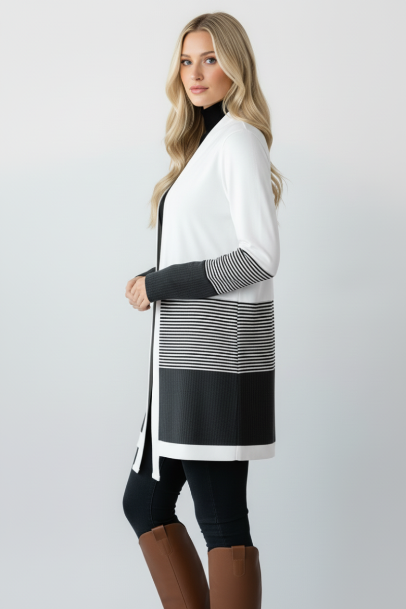 PLUS SIZE WAFFLE AND STRIPE PRINT CONTRAST CARDIGAN HMEJ6714