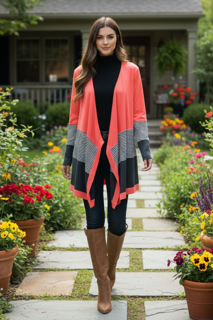 WAFFLE AND STRIPE PRINT CONTRAST CARDIGAN HMEJ6714