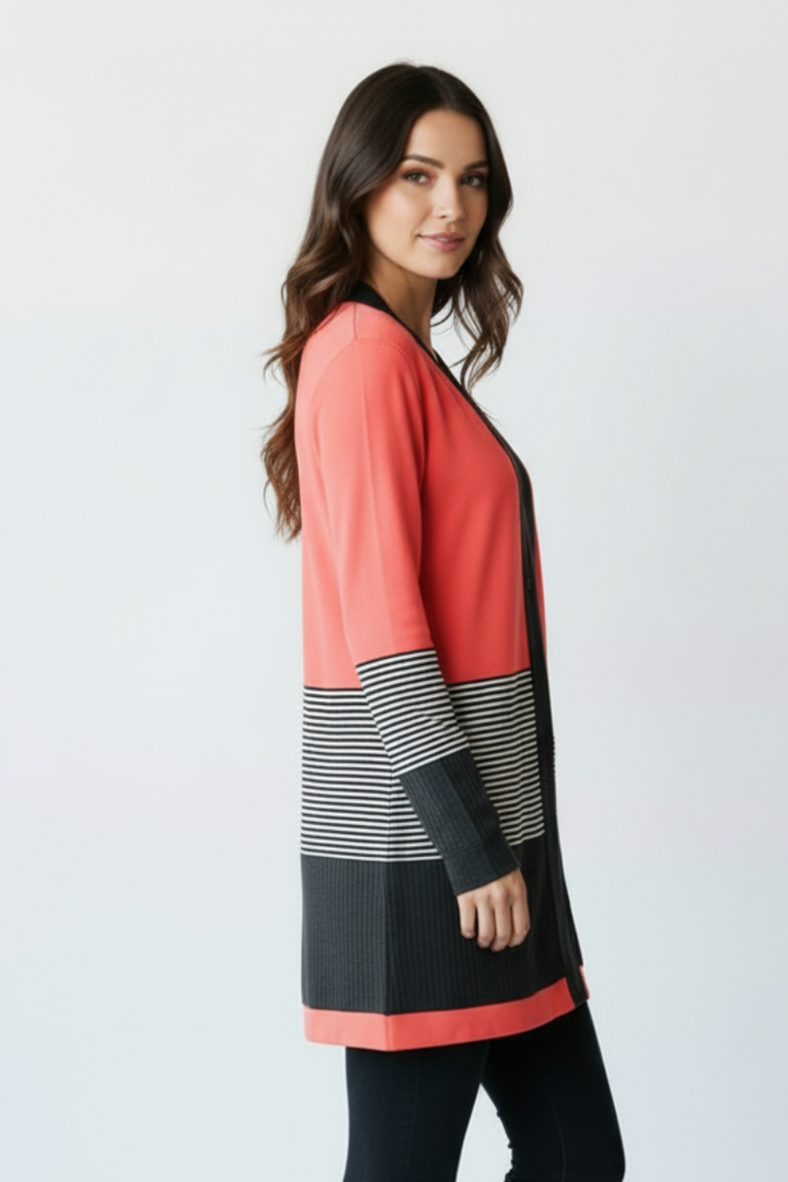 WAFFLE AND STRIPE PRINT CONTRAST CARDIGAN HMEJ6714