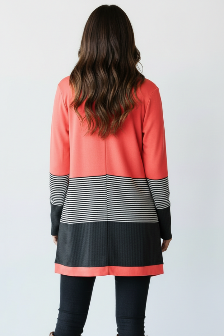 WAFFLE AND STRIPE PRINT CONTRAST CARDIGAN HMEJ6714