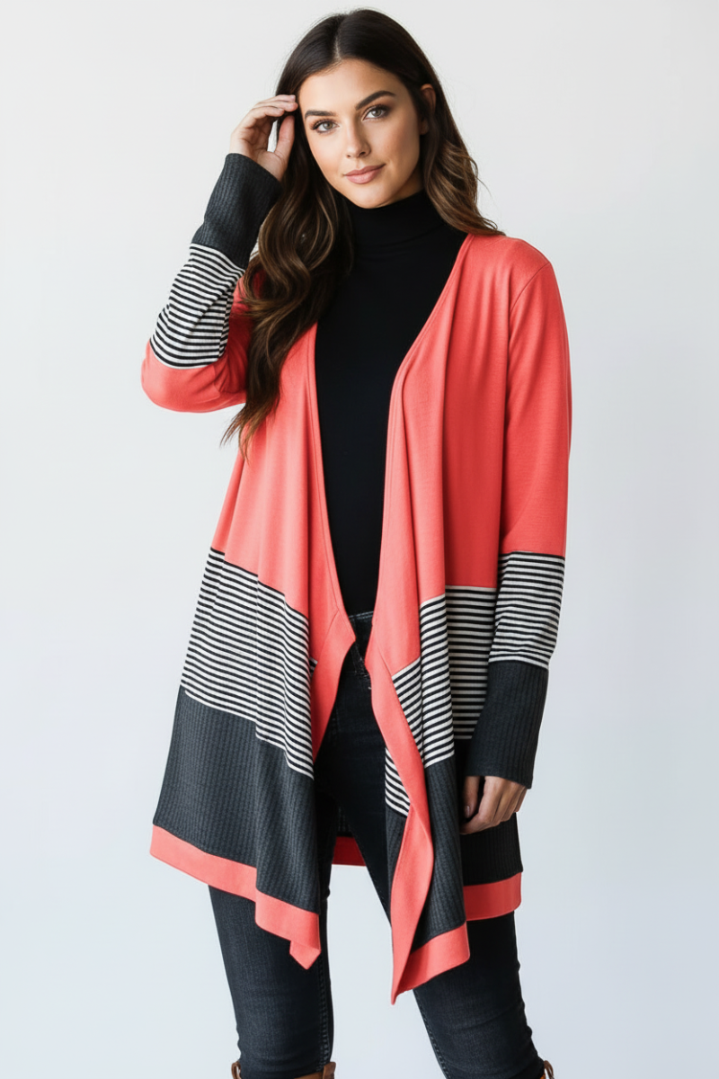 WAFFLE AND STRIPE PRINT CONTRAST CARDIGAN HMEJ6714
