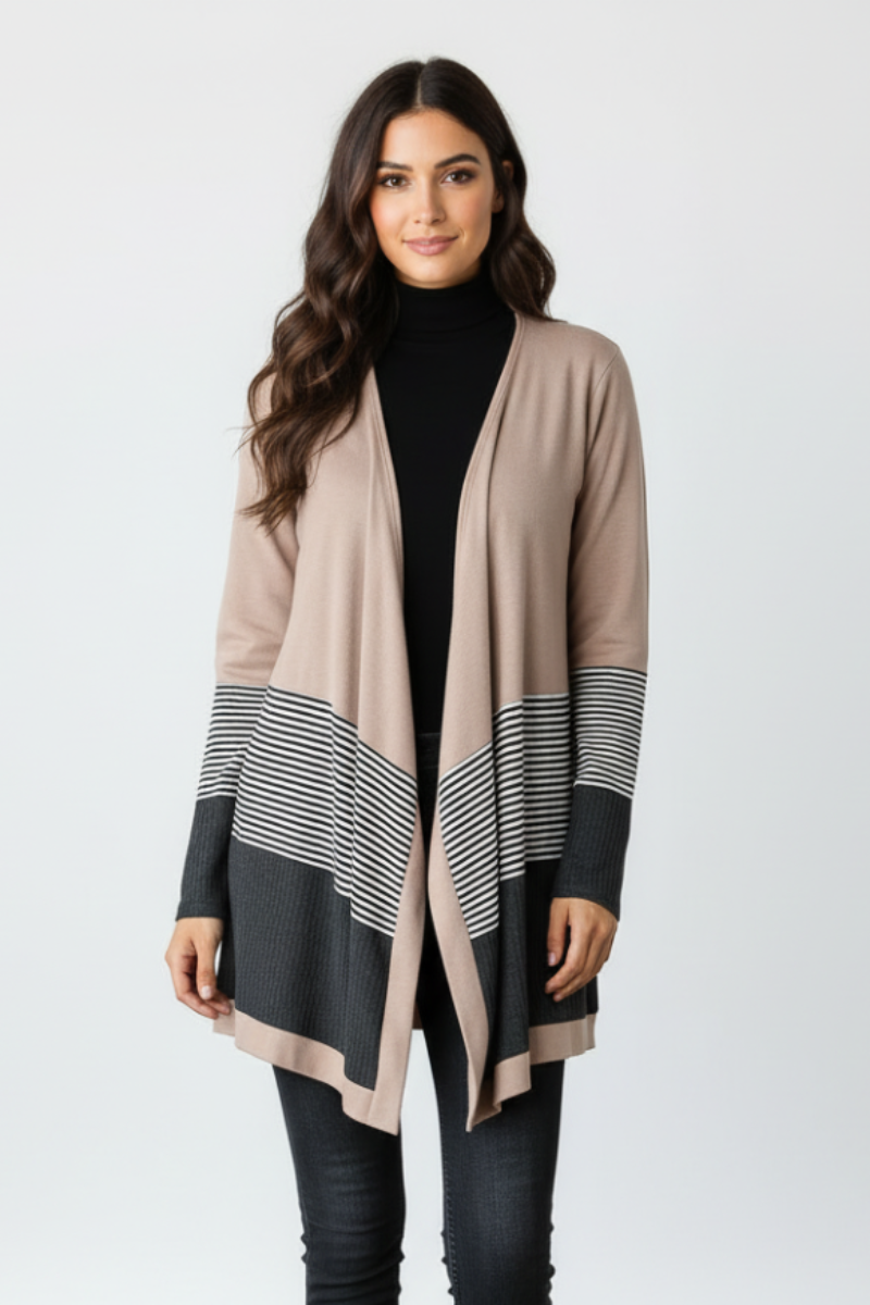 WAFFLE AND STRIPE PRINT CONTRAST CARDIGAN HMEJ6714