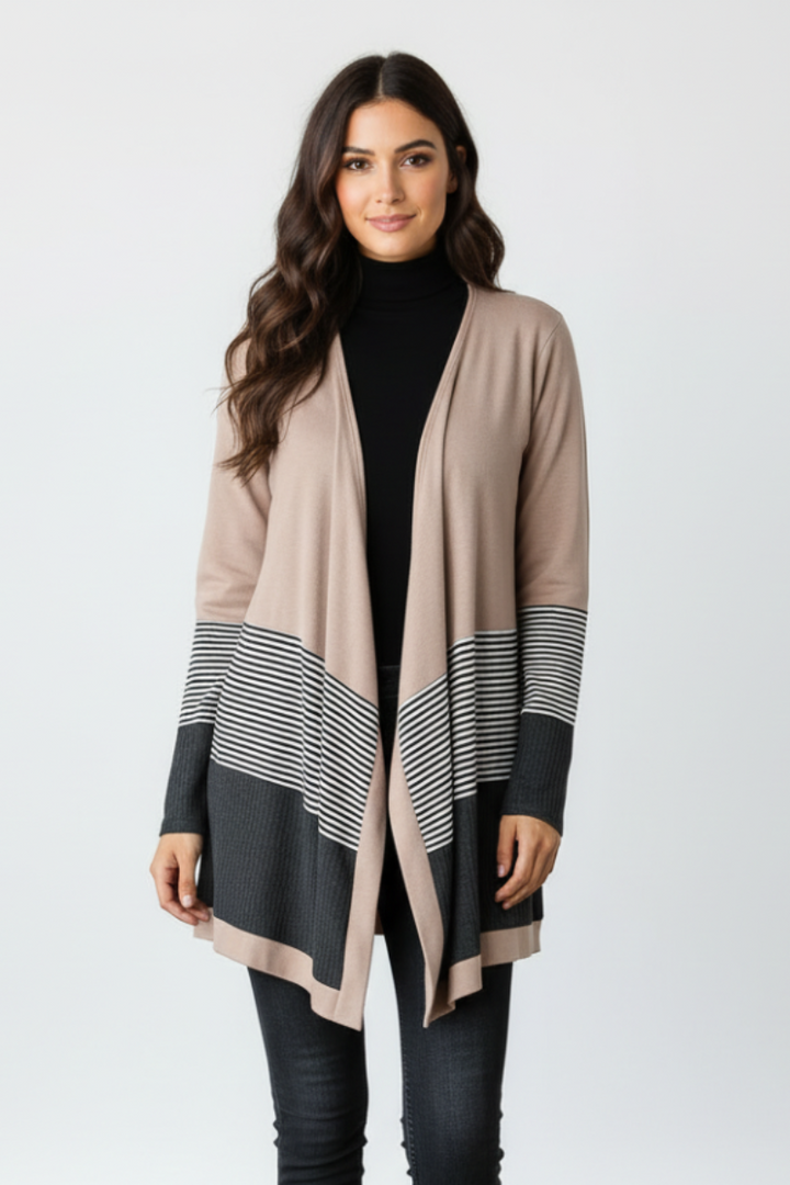 WAFFLE AND STRIPE PRINT CONTRAST CARDIGAN HMEJ6714