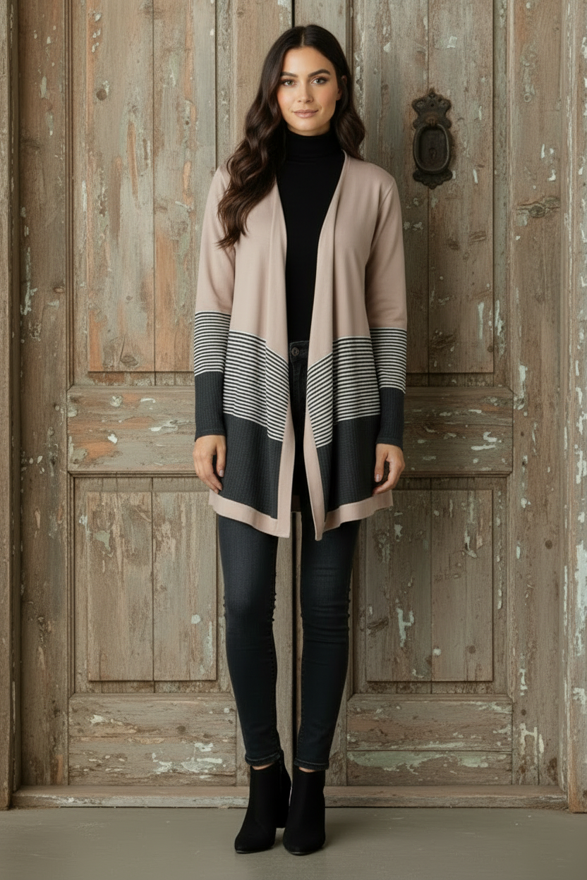 WAFFLE AND STRIPE PRINT CONTRAST CARDIGAN HMEJ6714