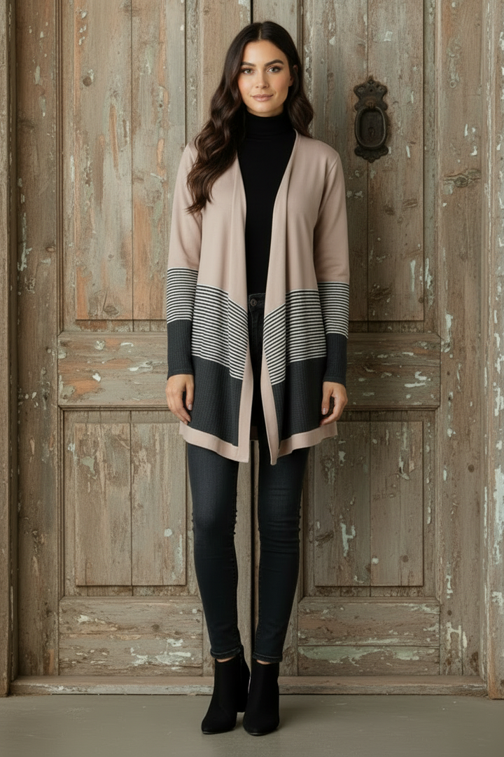 WAFFLE AND STRIPE PRINT CONTRAST CARDIGAN HMEJ6714