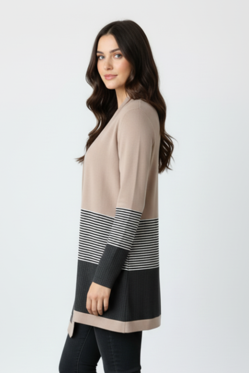WAFFLE AND STRIPE PRINT CONTRAST CARDIGAN HMEJ6714