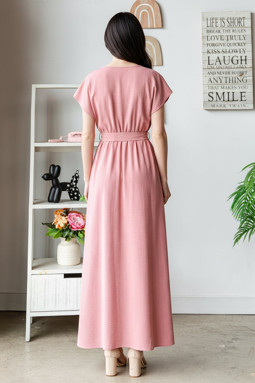 PLUS SIZE SURPLICE V-NECK BELT DETAIL MAXI DRESS HMED6802