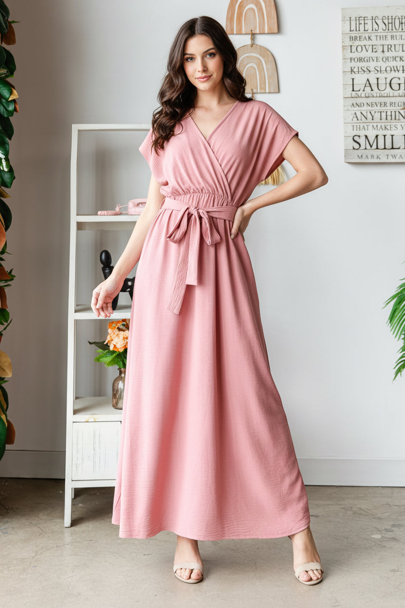 PLUS SIZE SURPLICE V-NECK BELT DETAIL MAXI DRESS HMED6802