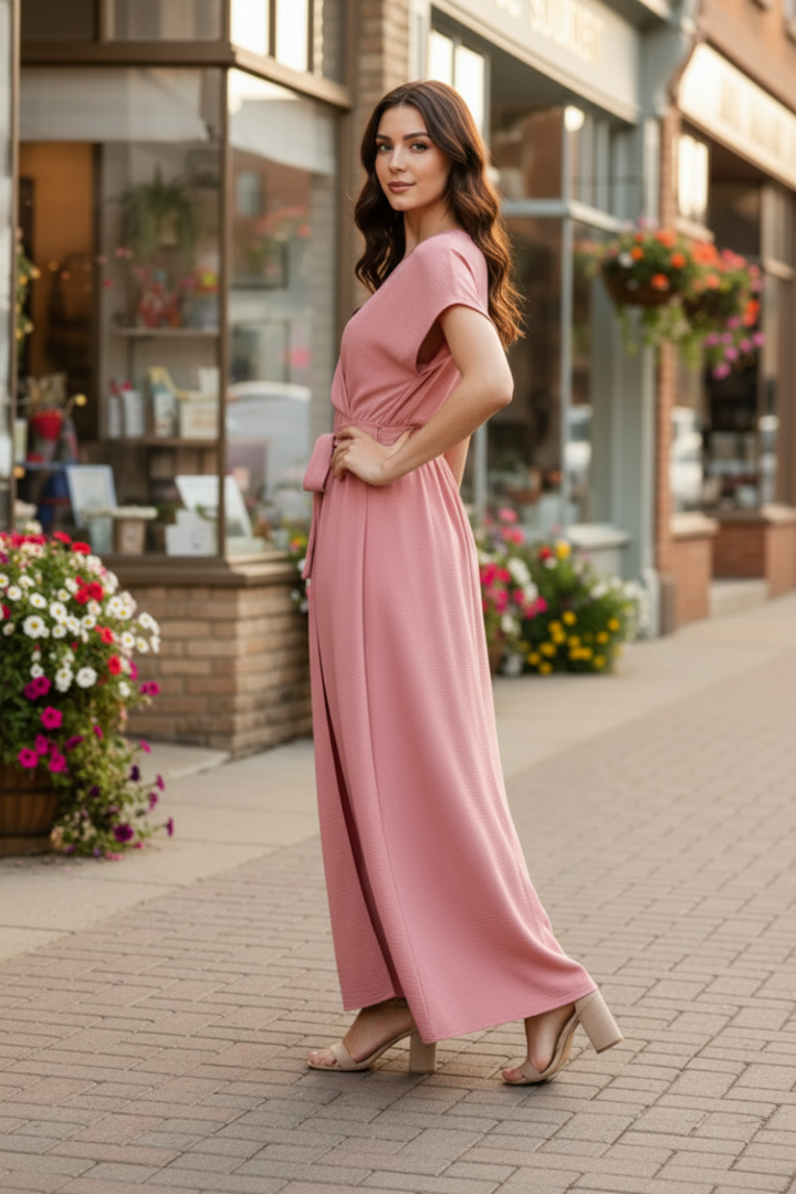 PLUS SIZE SURPLICE V-NECK BELT DETAIL MAXI DRESS HMED6802