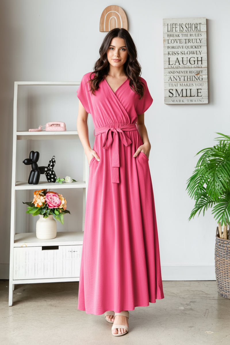 PLUS SIZE SURPLICE V-NECK BELT DETAIL MAXI DRESS HMED6802