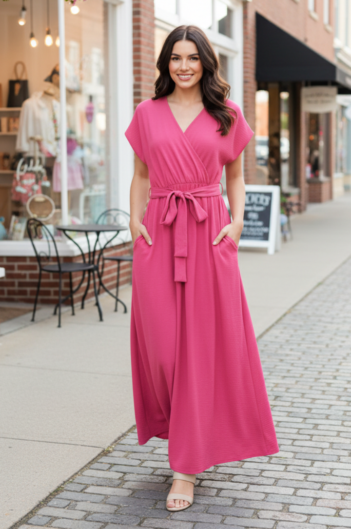 PLUS SIZE SURPLICE V-NECK BELT DETAIL MAXI DRESS HMED6802
