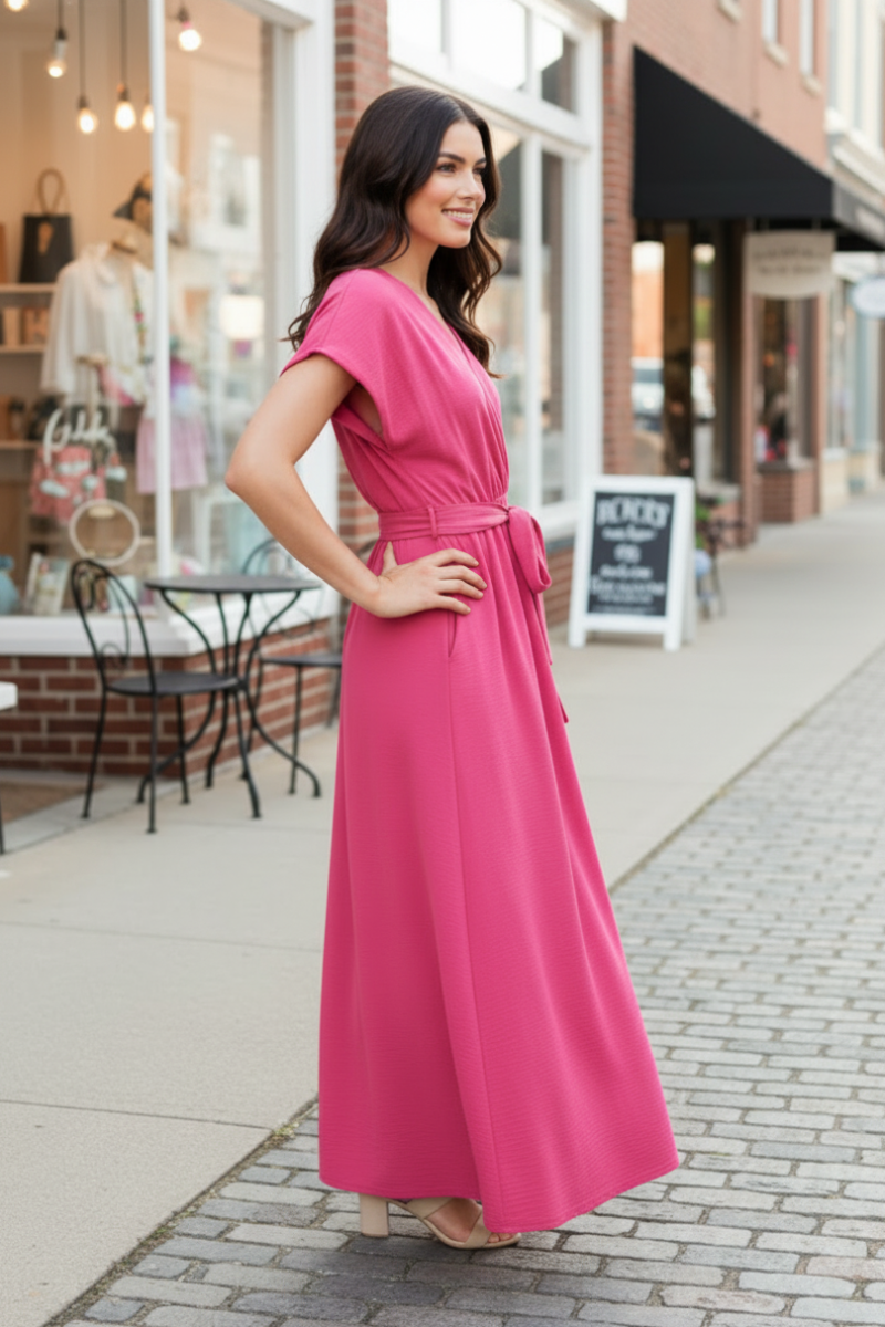 PLUS SIZE SURPLICE V-NECK BELT DETAIL MAXI DRESS HMED6802