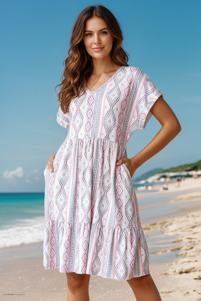 AZTEC PRINT FOLD SHORT SLEEVE MINI DRESS HMED6822