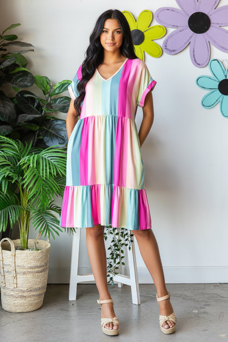 V-NECK MULTICOLOR FOLD SHORT SLEEVE MINI DRESS HMED6822