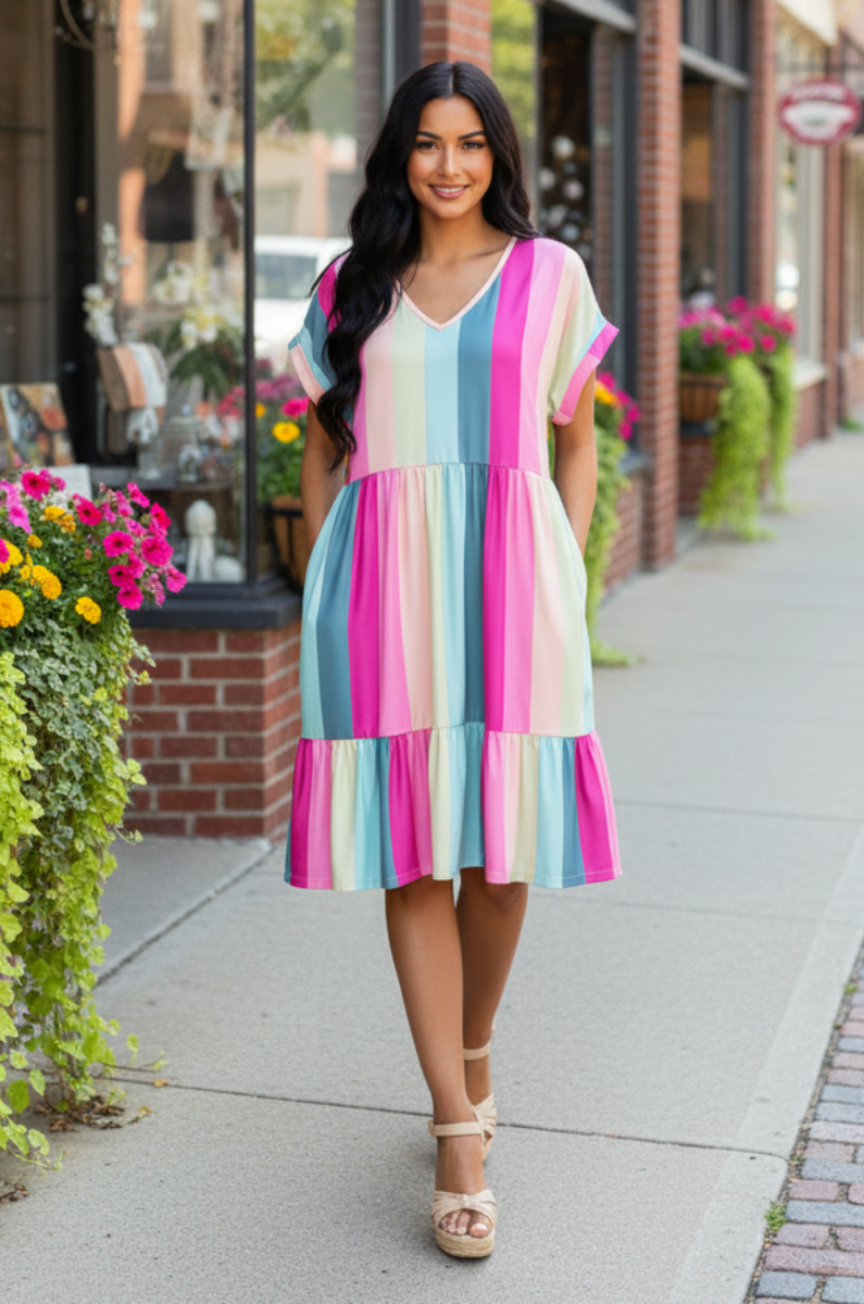 V-NECK MULTICOLOR FOLD SHORT SLEEVE MINI DRESS HMED6822