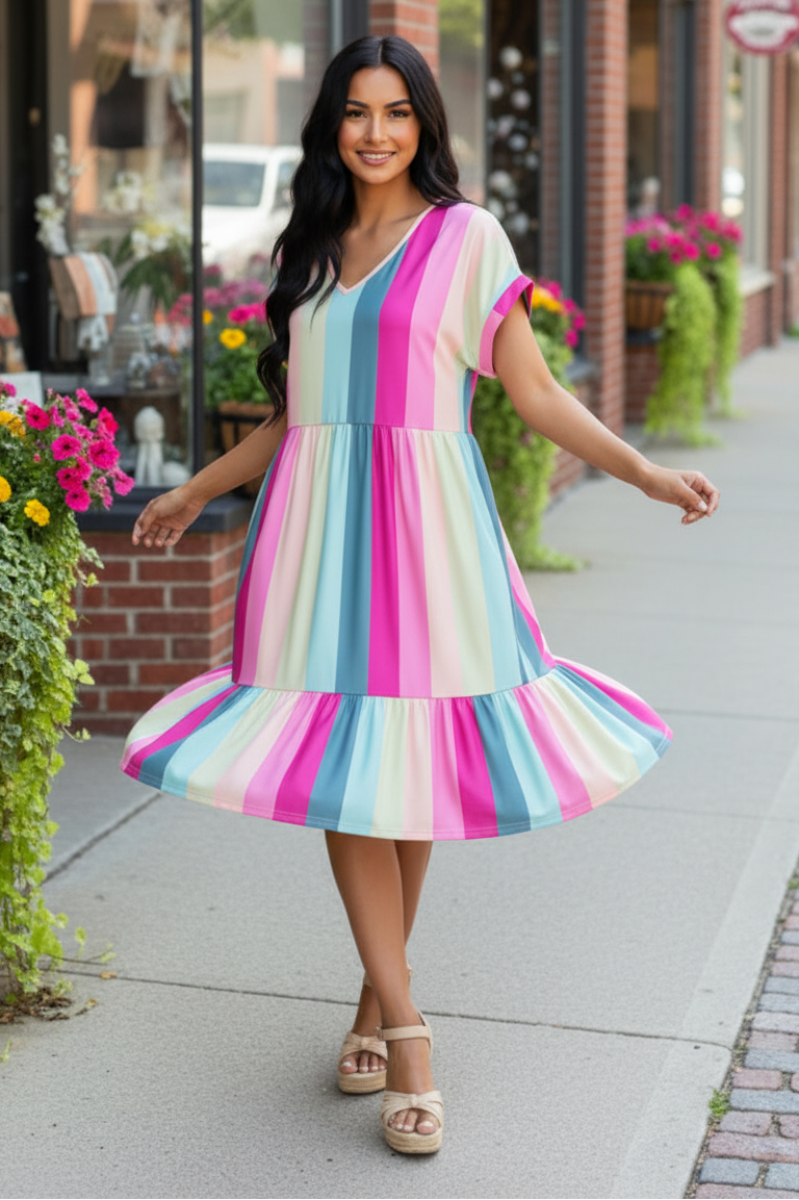 V-NECK MULTICOLOR FOLD SHORT SLEEVE MINI DRESS HMED6822