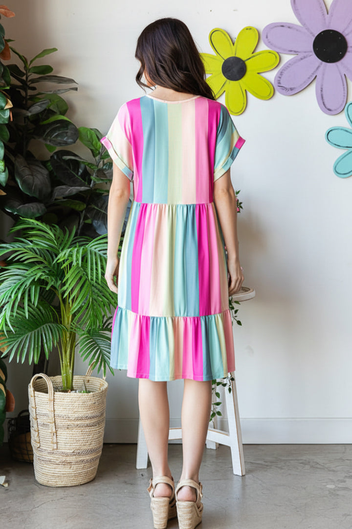 V-NECK MULTICOLOR FOLD SHORT SLEEVE MINI DRESS HMED6822