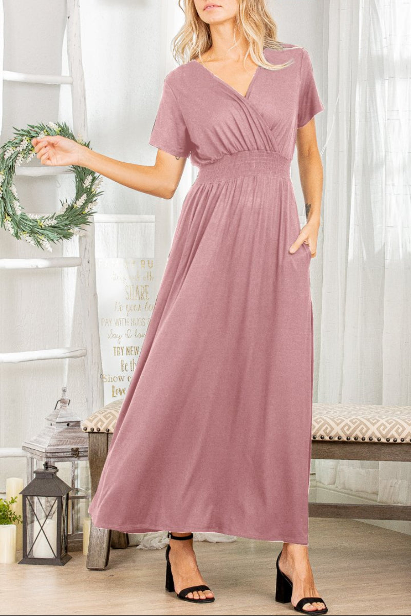 PLUS SIZE SHORT SLEEVE V NECK SOLID MAXI DRESS*