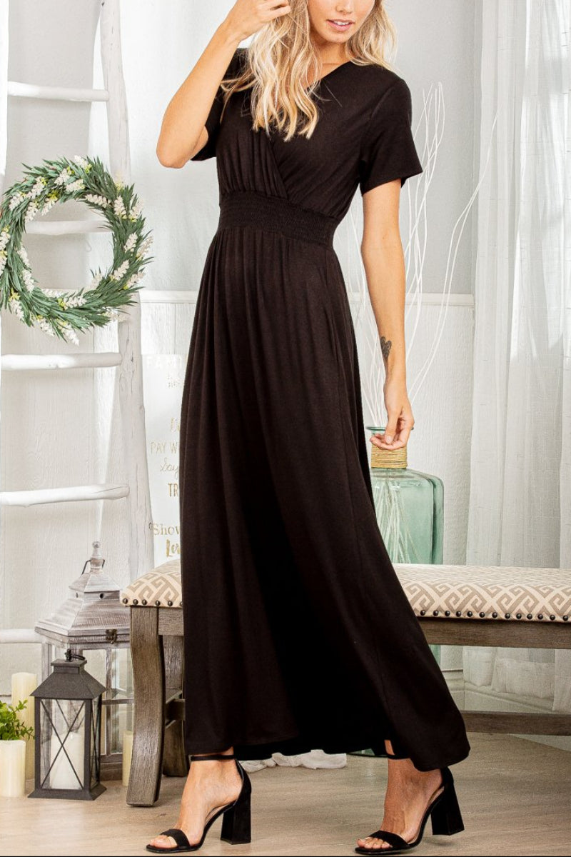 SHORT SLEEVE V NECK SOLID MAXI DRESS HMSD1311-10