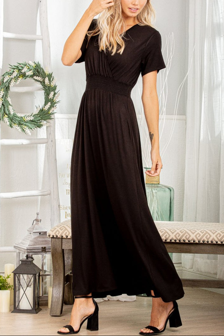 SHORT SLEEVE V NECK SOLID MAXI DRESS HMSD1311-10