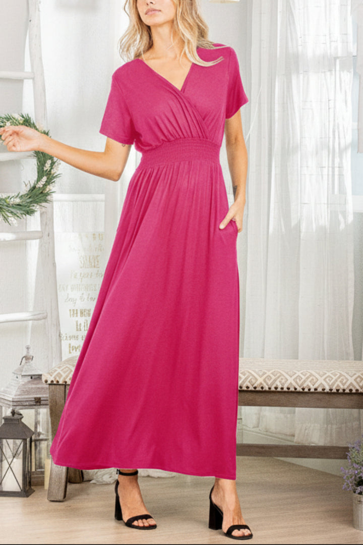 SHORT SLEEVE V NECK SOLID MAXI DRESS HMSD1311-10
