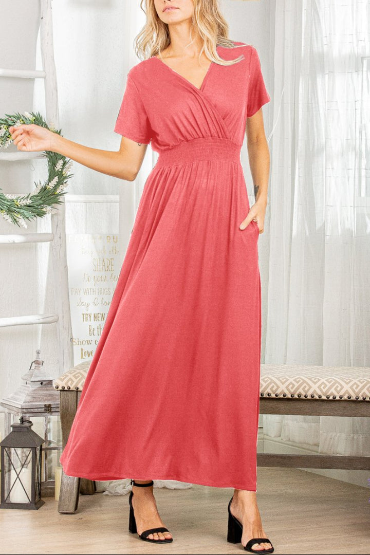 SHORT SLEEVE V NECK SOLID MAXI DRESS HMSD1311-10