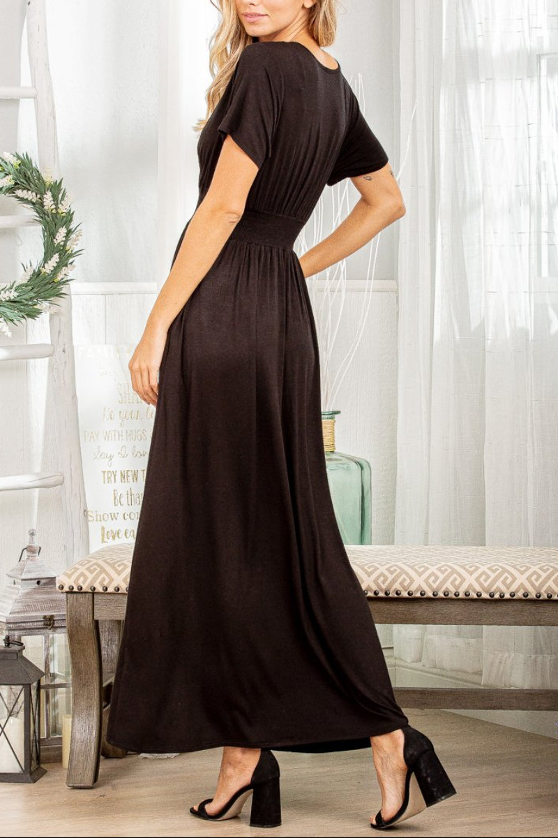 PLUS SIZE SHORT SLEEVE V NECK SOLID MAXI DRESS*