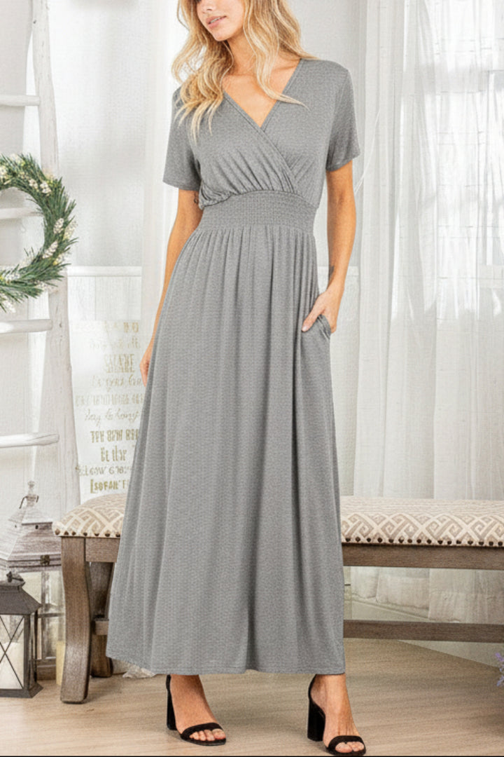 PLUS SIZE SHORT SLEEVE V NECK SOLID MAXI DRESS*