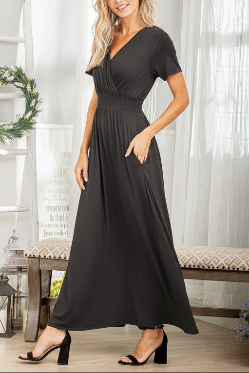 PLUS SIZE SHORT SLEEVE V NECK SOLID MAXI DRESS*