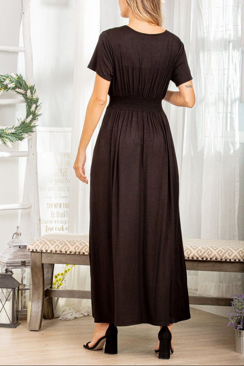 PLUS SIZE SHORT SLEEVE V NECK SOLID MAXI DRESS*