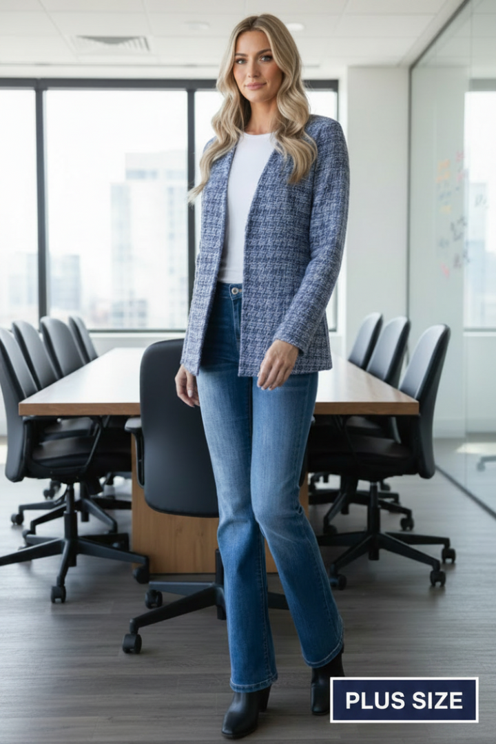PLUS SIZE HOUNDSTOOTH TWEED OPEN FRONT BLAZER HMEJ6704