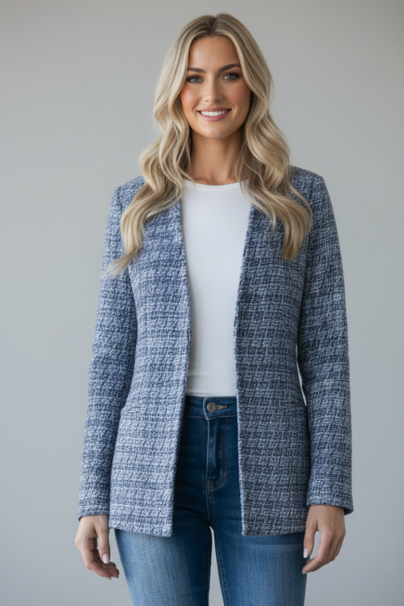 PLUS SIZE HOUNDSTOOTH TWEED OPEN FRONT BLAZER HMEJ6704