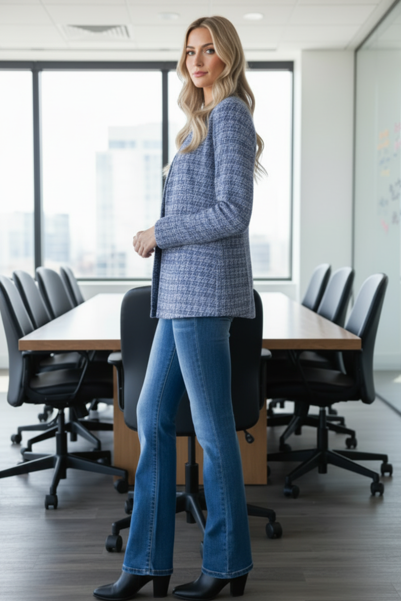 PLUS SIZE HOUNDSTOOTH TWEED OPEN FRONT BLAZER HMEJ6704