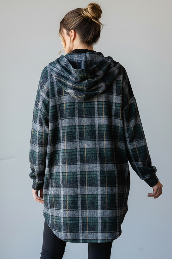 PLAID BUTTON DOWN DOLPHIN HEM CARDIGAN HMEJ6401