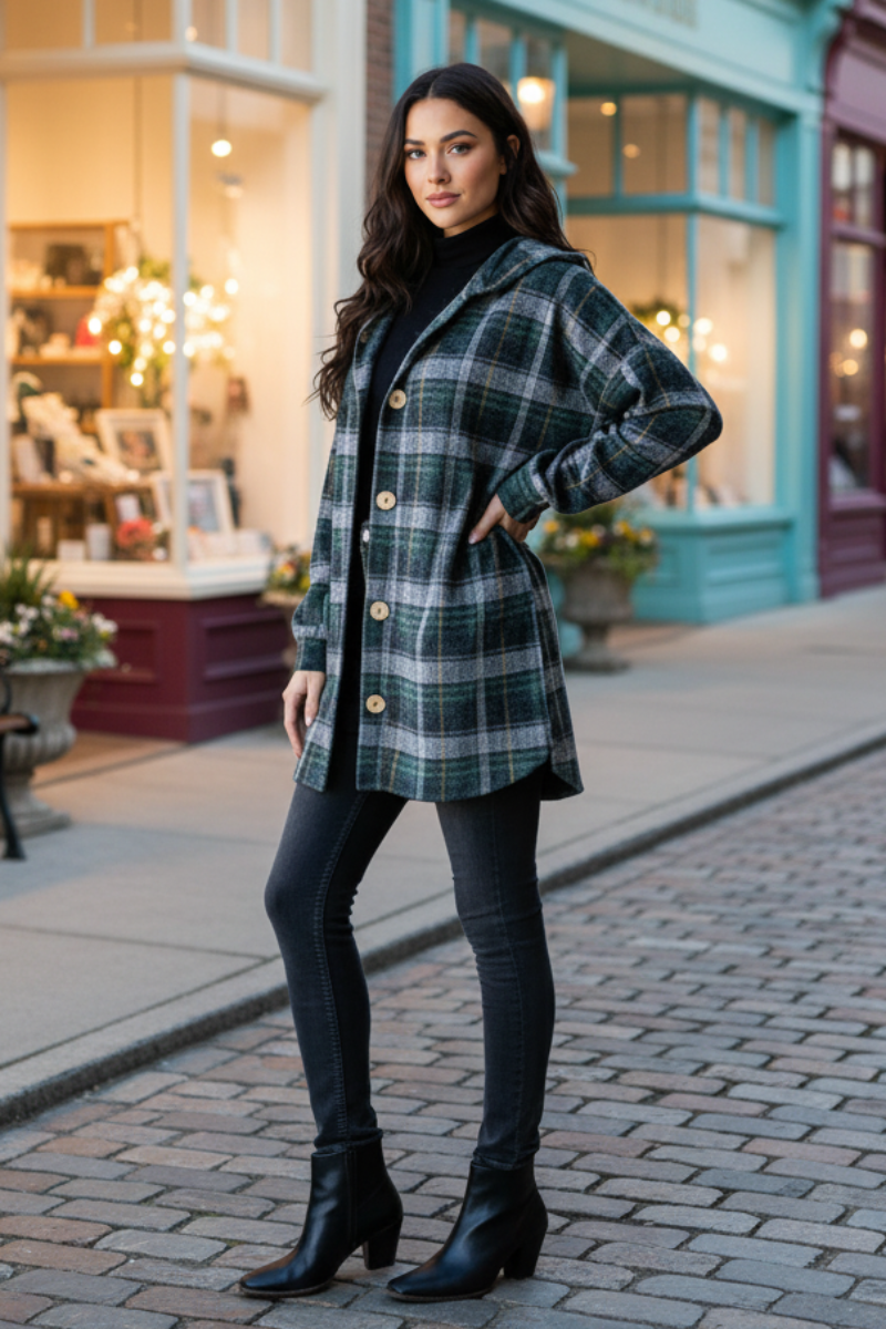 PLAID BUTTON DOWN DOLPHIN HEM CARDIGAN HMEJ6401
