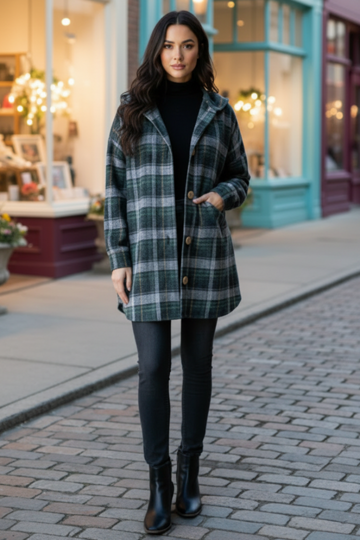 PLAID BUTTON DOWN DOLPHIN HEM CARDIGAN HMEJ6401