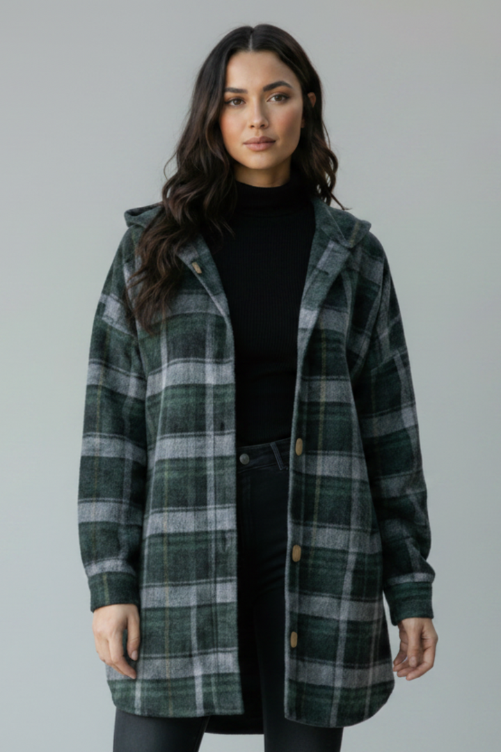 PLAID BUTTON DOWN DOLPHIN HEM CARDIGAN HMEJ6401