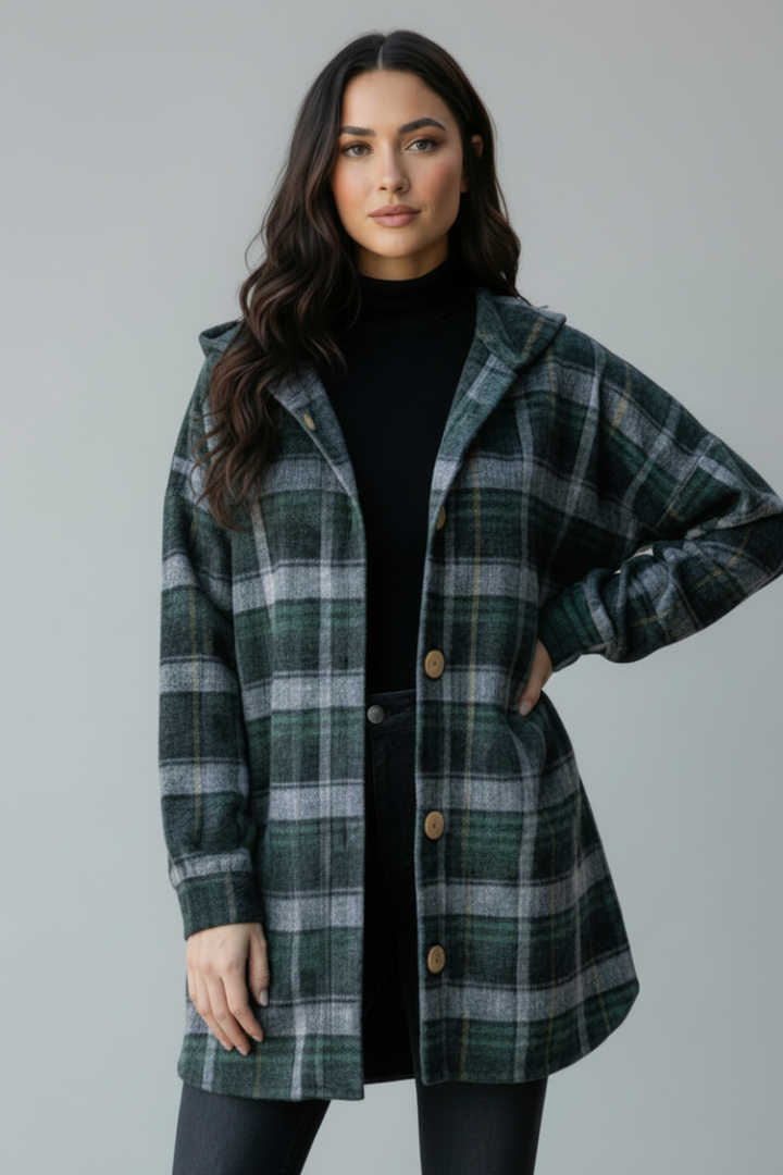 PLAID BUTTON DOWN DOLPHIN HEM CARDIGAN HMEJ6401