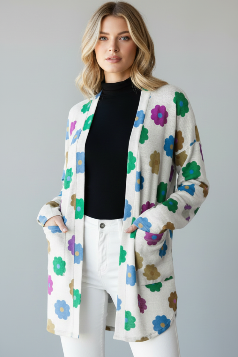 FLORALPRINT OPEN FRONT WITH POCKET CARDIGAN HMEJ6782
