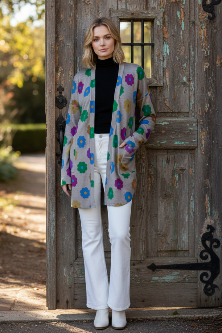 FLORALPRINT OPEN FRONT WITH POCKET CARDIGAN HMEJ6782