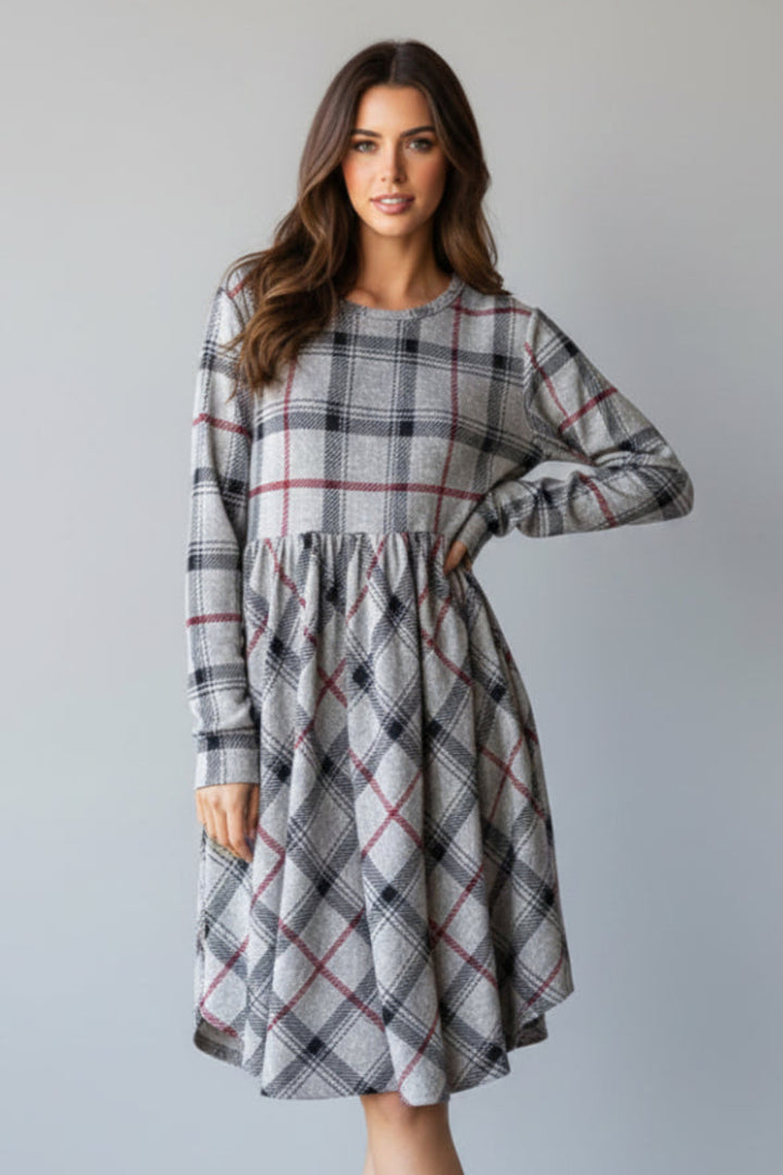 PLAID LONG SLEEVE SHIRRING DETAIL MINI DRESS HMED6801