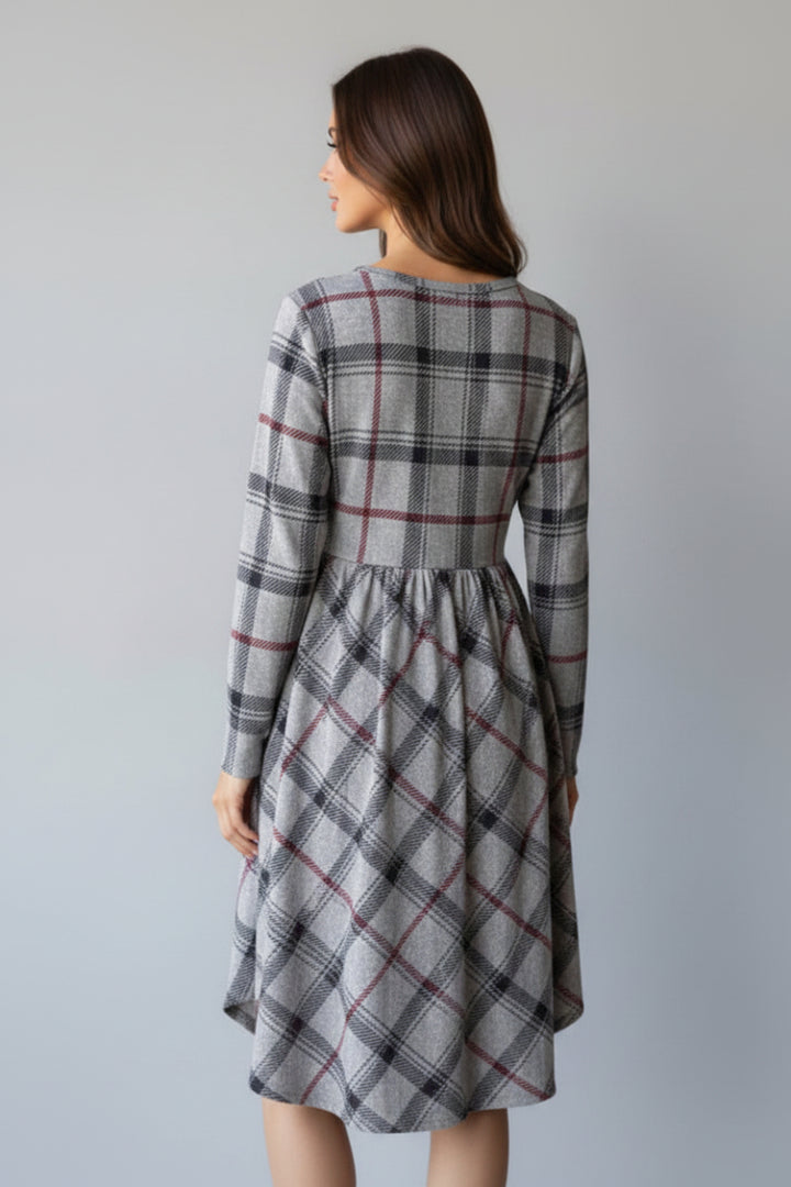 PLAID LONG SLEEVE SHIRRING DETAIL MINI DRESS HMED6801