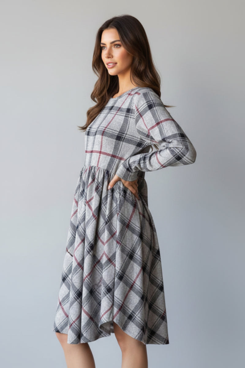 PLAID LONG SLEEVE SHIRRING DETAIL MINI DRESS HMED6801