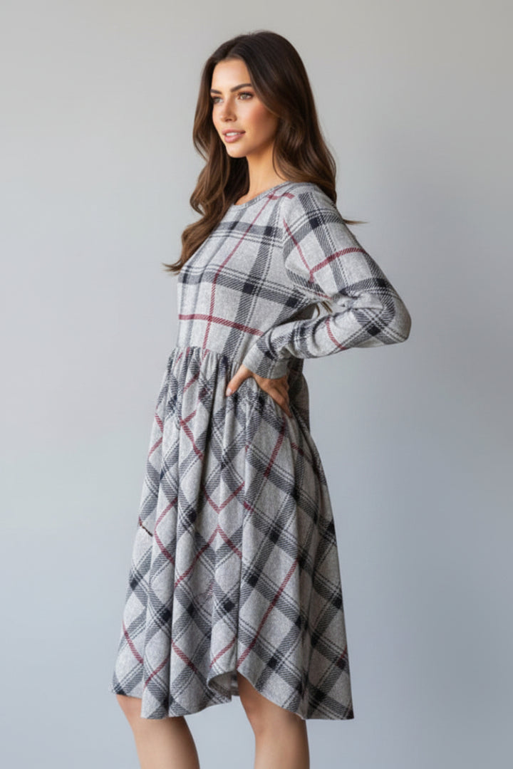 PLAID LONG SLEEVE SHIRRING DETAIL MINI DRESS HMED6801