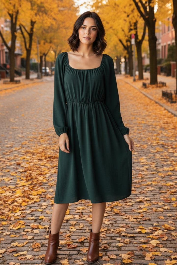 SQUARE NECK PUFF LONG SLEEVE SHIRRING DETAIL MINI DRESS HMED6856